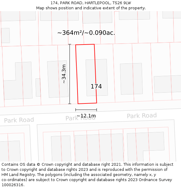 174, PARK ROAD, HARTLEPOOL, TS26 9LW: Plot and title map