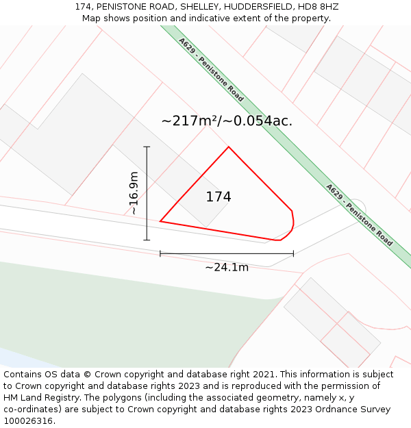 174, PENISTONE ROAD, SHELLEY, HUDDERSFIELD, HD8 8HZ: Plot and title map