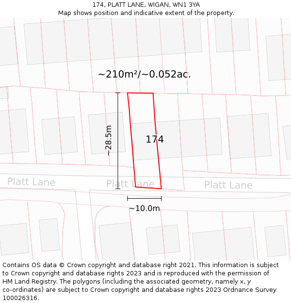 174, PLATT LANE, WIGAN, WN1 3YA: Plot and title map