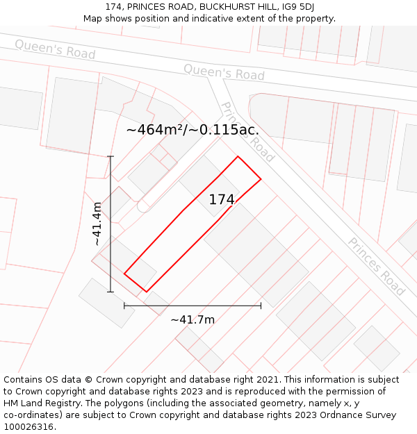 174, PRINCES ROAD, BUCKHURST HILL, IG9 5DJ: Plot and title map
