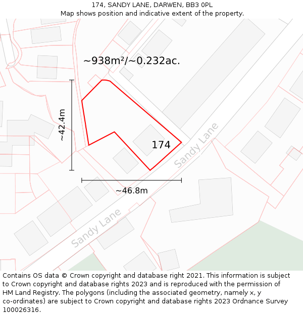 174, SANDY LANE, DARWEN, BB3 0PL: Plot and title map