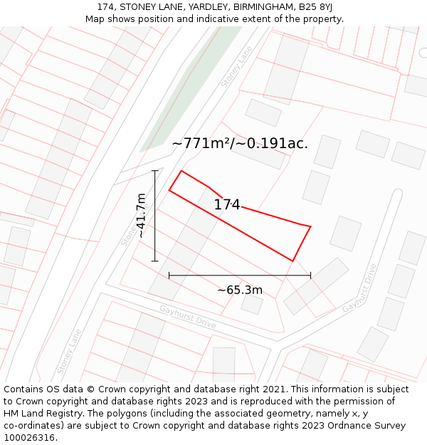174, STONEY LANE, YARDLEY, BIRMINGHAM, B25 8YJ: Plot and title map