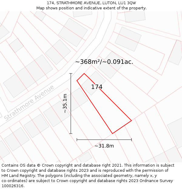 174, STRATHMORE AVENUE, LUTON, LU1 3QW: Plot and title map