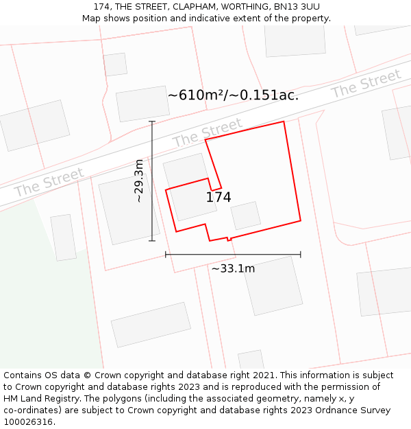 174, THE STREET, CLAPHAM, WORTHING, BN13 3UU: Plot and title map