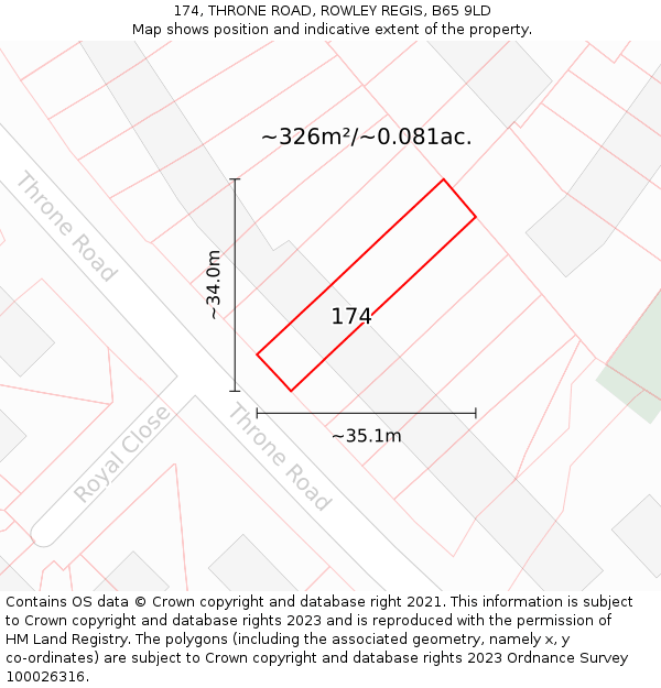 174, THRONE ROAD, ROWLEY REGIS, B65 9LD: Plot and title map