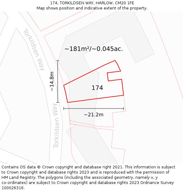174, TORKILDSEN WAY, HARLOW, CM20 1FE: Plot and title map