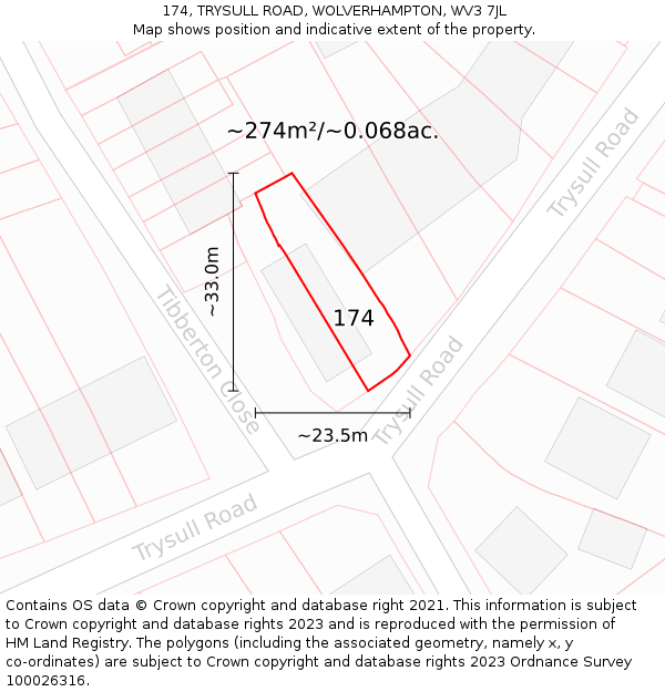 174, TRYSULL ROAD, WOLVERHAMPTON, WV3 7JL: Plot and title map