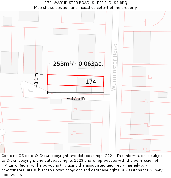174, WARMINSTER ROAD, SHEFFIELD, S8 8PQ: Plot and title map