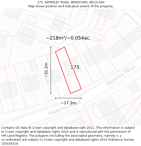 175, APPERLEY ROAD, BRADFORD, BD10 0AX: Plot and title map