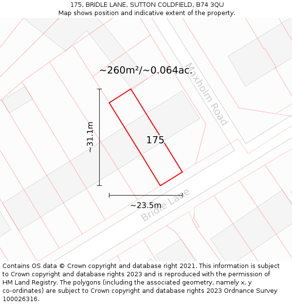 175, BRIDLE LANE, SUTTON COLDFIELD, B74 3QU: Plot and title map