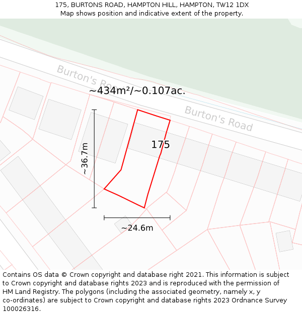175, BURTONS ROAD, HAMPTON HILL, HAMPTON, TW12 1DX: Plot and title map