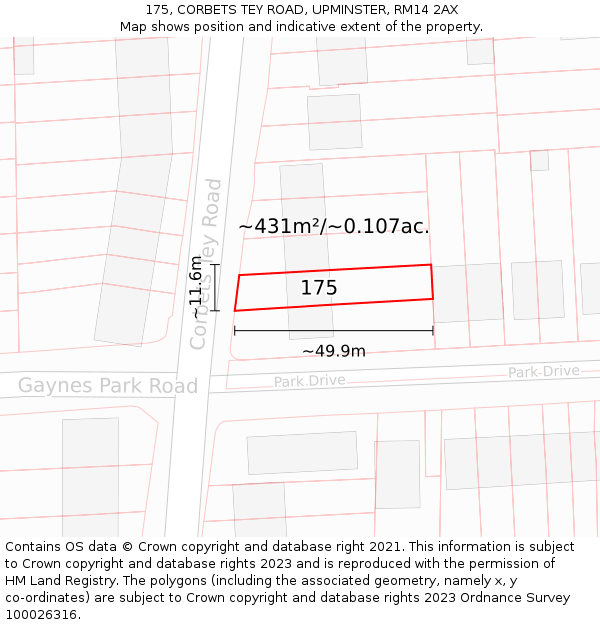 175, CORBETS TEY ROAD, UPMINSTER, RM14 2AX: Plot and title map