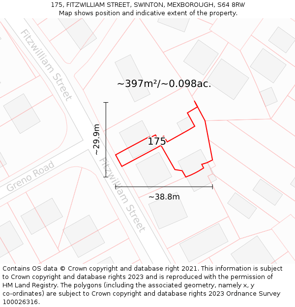 175, FITZWILLIAM STREET, SWINTON, MEXBOROUGH, S64 8RW: Plot and title map