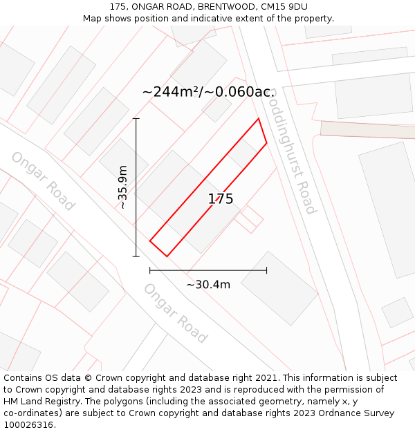 175, ONGAR ROAD, BRENTWOOD, CM15 9DU: Plot and title map