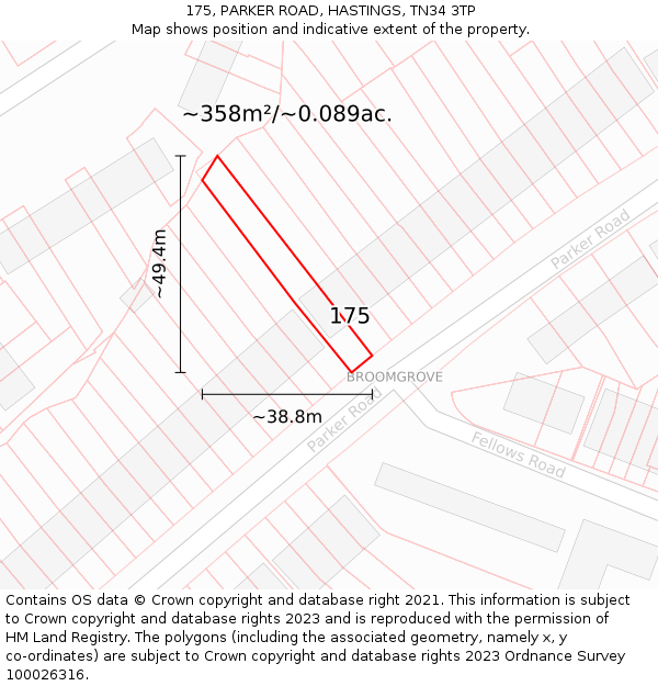 175, PARKER ROAD, HASTINGS, TN34 3TP: Plot and title map
