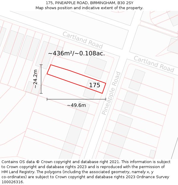 175, PINEAPPLE ROAD, BIRMINGHAM, B30 2SY: Plot and title map