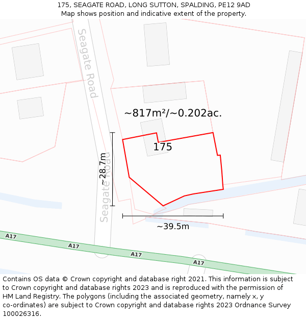 175, SEAGATE ROAD, LONG SUTTON, SPALDING, PE12 9AD: Plot and title map