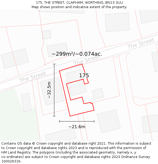 175, THE STREET, CLAPHAM, WORTHING, BN13 3UU: Plot and title map