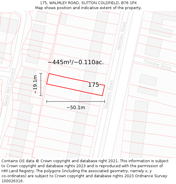 175, WALMLEY ROAD, SUTTON COLDFIELD, B76 1PX: Plot and title map