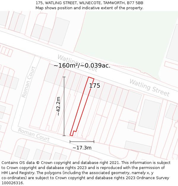 175, WATLING STREET, WILNECOTE, TAMWORTH, B77 5BB: Plot and title map