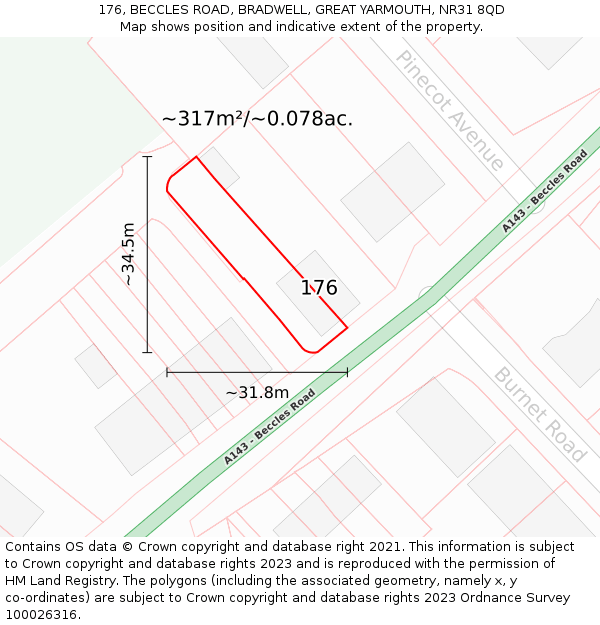 176, BECCLES ROAD, BRADWELL, GREAT YARMOUTH, NR31 8QD: Plot and title map