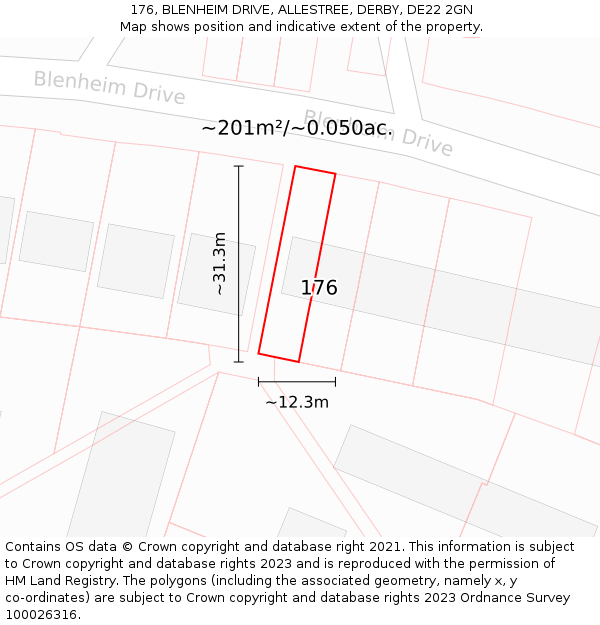 176, BLENHEIM DRIVE, ALLESTREE, DERBY, DE22 2GN: Plot and title map