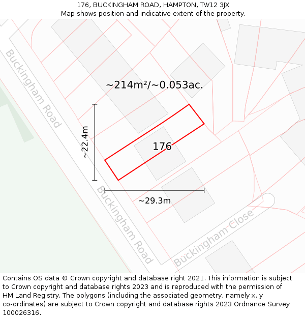 176, BUCKINGHAM ROAD, HAMPTON, TW12 3JX: Plot and title map