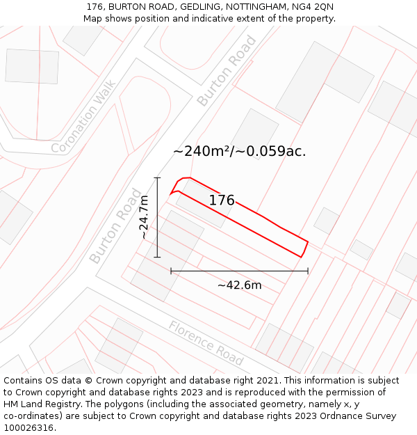 176, BURTON ROAD, GEDLING, NOTTINGHAM, NG4 2QN: Plot and title map