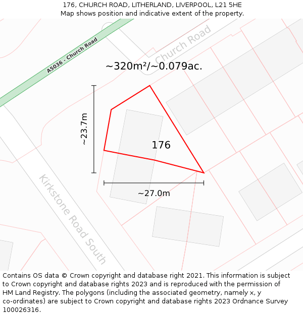 176, CHURCH ROAD, LITHERLAND, LIVERPOOL, L21 5HE: Plot and title map