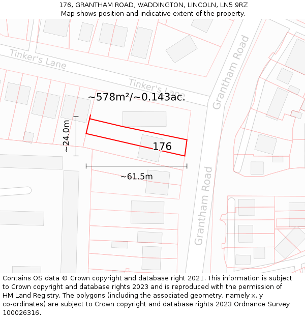 176, GRANTHAM ROAD, WADDINGTON, LINCOLN, LN5 9RZ: Plot and title map