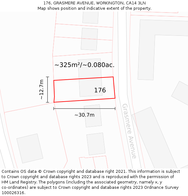 176, GRASMERE AVENUE, WORKINGTON, CA14 3LN: Plot and title map