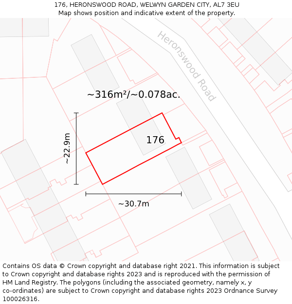 176, HERONSWOOD ROAD, WELWYN GARDEN CITY, AL7 3EU: Plot and title map