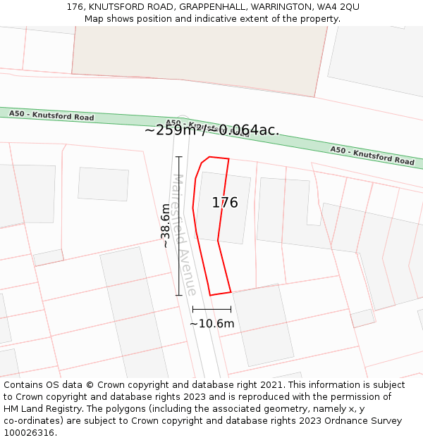 176, KNUTSFORD ROAD, GRAPPENHALL, WARRINGTON, WA4 2QU: Plot and title map