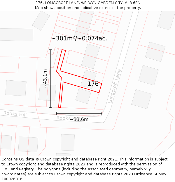 176, LONGCROFT LANE, WELWYN GARDEN CITY, AL8 6EN: Plot and title map