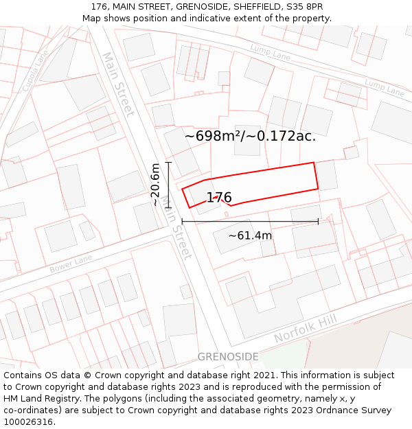 176, MAIN STREET, GRENOSIDE, SHEFFIELD, S35 8PR: Plot and title map