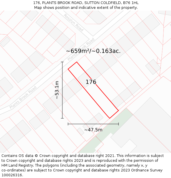 176, PLANTS BROOK ROAD, SUTTON COLDFIELD, B76 1HL: Plot and title map