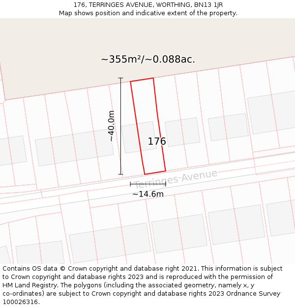 176, TERRINGES AVENUE, WORTHING, BN13 1JR: Plot and title map