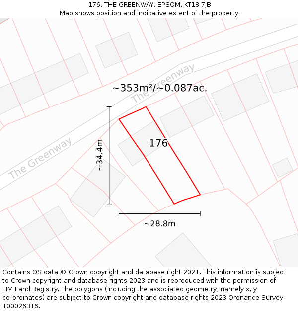 176, THE GREENWAY, EPSOM, KT18 7JB: Plot and title map