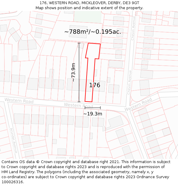 176, WESTERN ROAD, MICKLEOVER, DERBY, DE3 9GT: Plot and title map