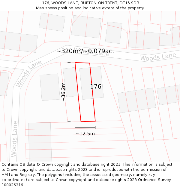 176, WOODS LANE, BURTON-ON-TRENT, DE15 9DB: Plot and title map