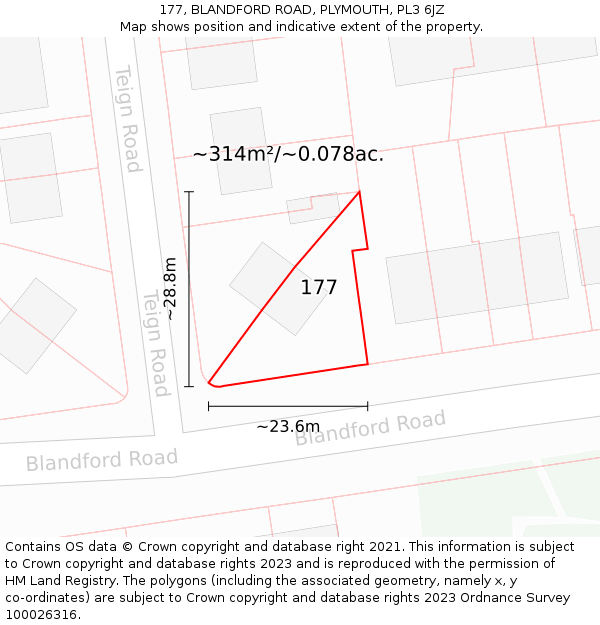 177, BLANDFORD ROAD, PLYMOUTH, PL3 6JZ: Plot and title map