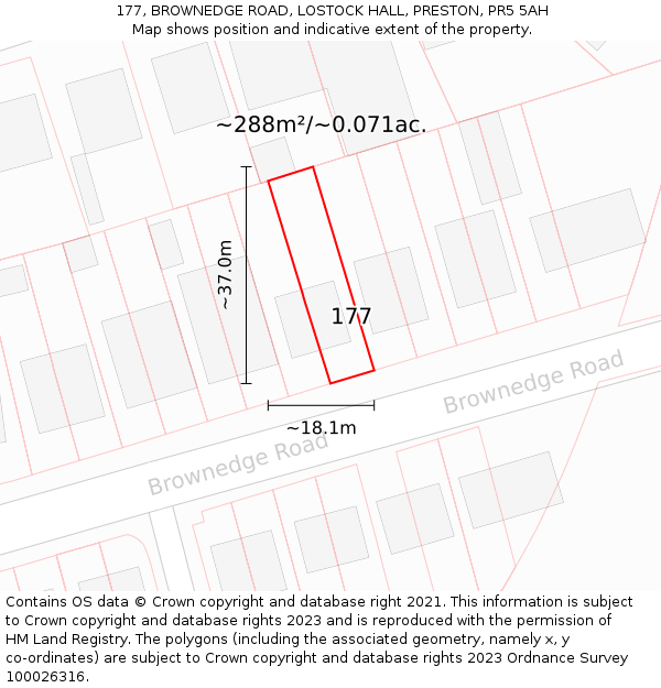177, BROWNEDGE ROAD, LOSTOCK HALL, PRESTON, PR5 5AH: Plot and title map