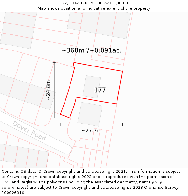 177, DOVER ROAD, IPSWICH, IP3 8JJ: Plot and title map