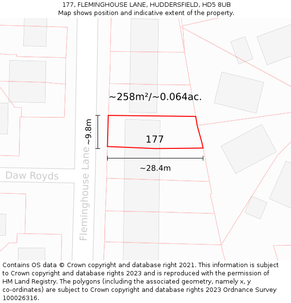 177, FLEMINGHOUSE LANE, HUDDERSFIELD, HD5 8UB: Plot and title map
