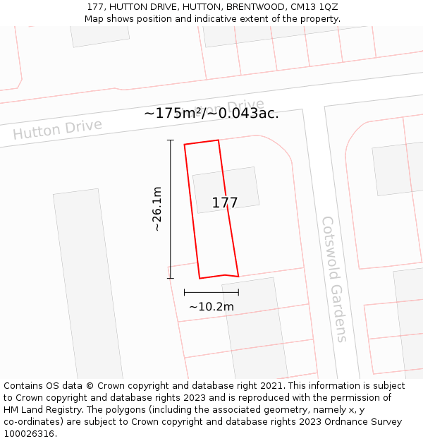 177, HUTTON DRIVE, HUTTON, BRENTWOOD, CM13 1QZ: Plot and title map