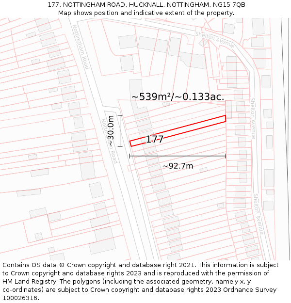 177, NOTTINGHAM ROAD, HUCKNALL, NOTTINGHAM, NG15 7QB: Plot and title map