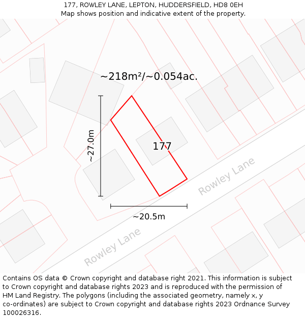 177, ROWLEY LANE, LEPTON, HUDDERSFIELD, HD8 0EH: Plot and title map