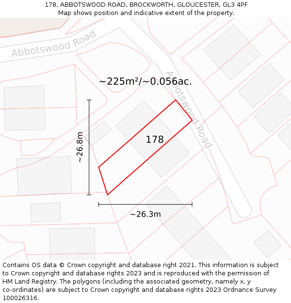 178, ABBOTSWOOD ROAD, BROCKWORTH, GLOUCESTER, GL3 4PF: Plot and title map