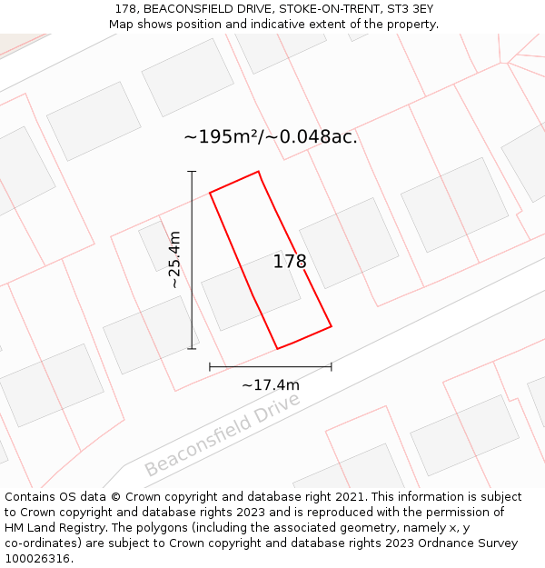 178, BEACONSFIELD DRIVE, STOKE-ON-TRENT, ST3 3EY: Plot and title map