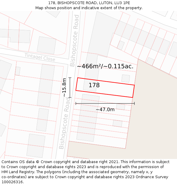 178, BISHOPSCOTE ROAD, LUTON, LU3 1PE: Plot and title map